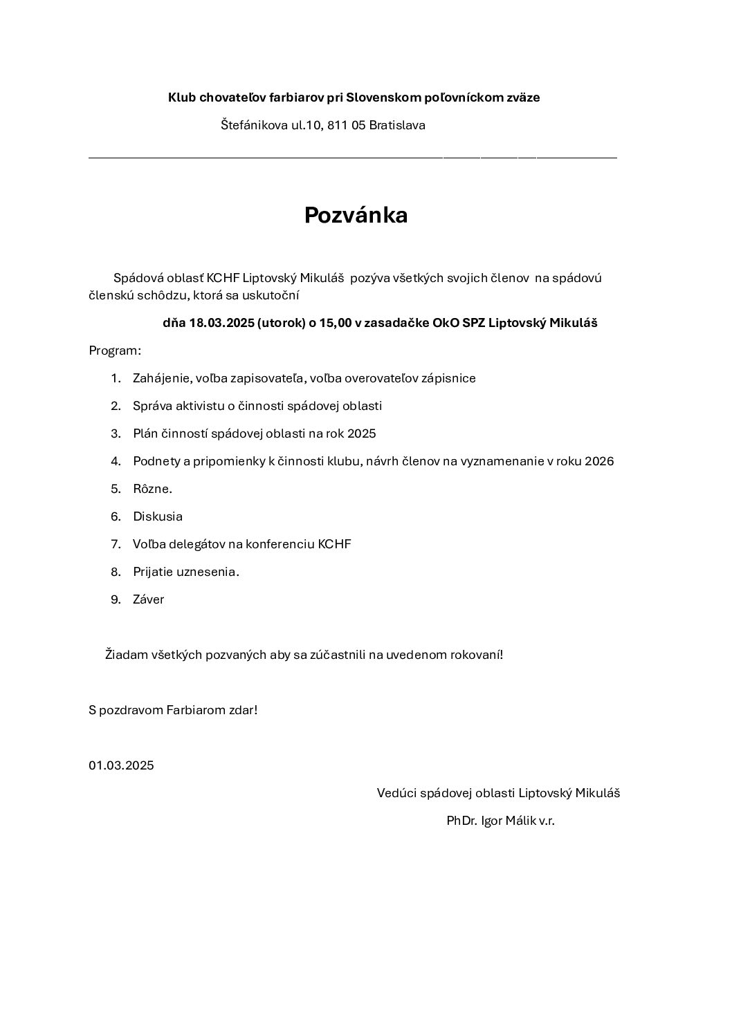Read more about the article Pozvánka na spádovú schôdzu KCHF oblasť Liptovský Mikuláš